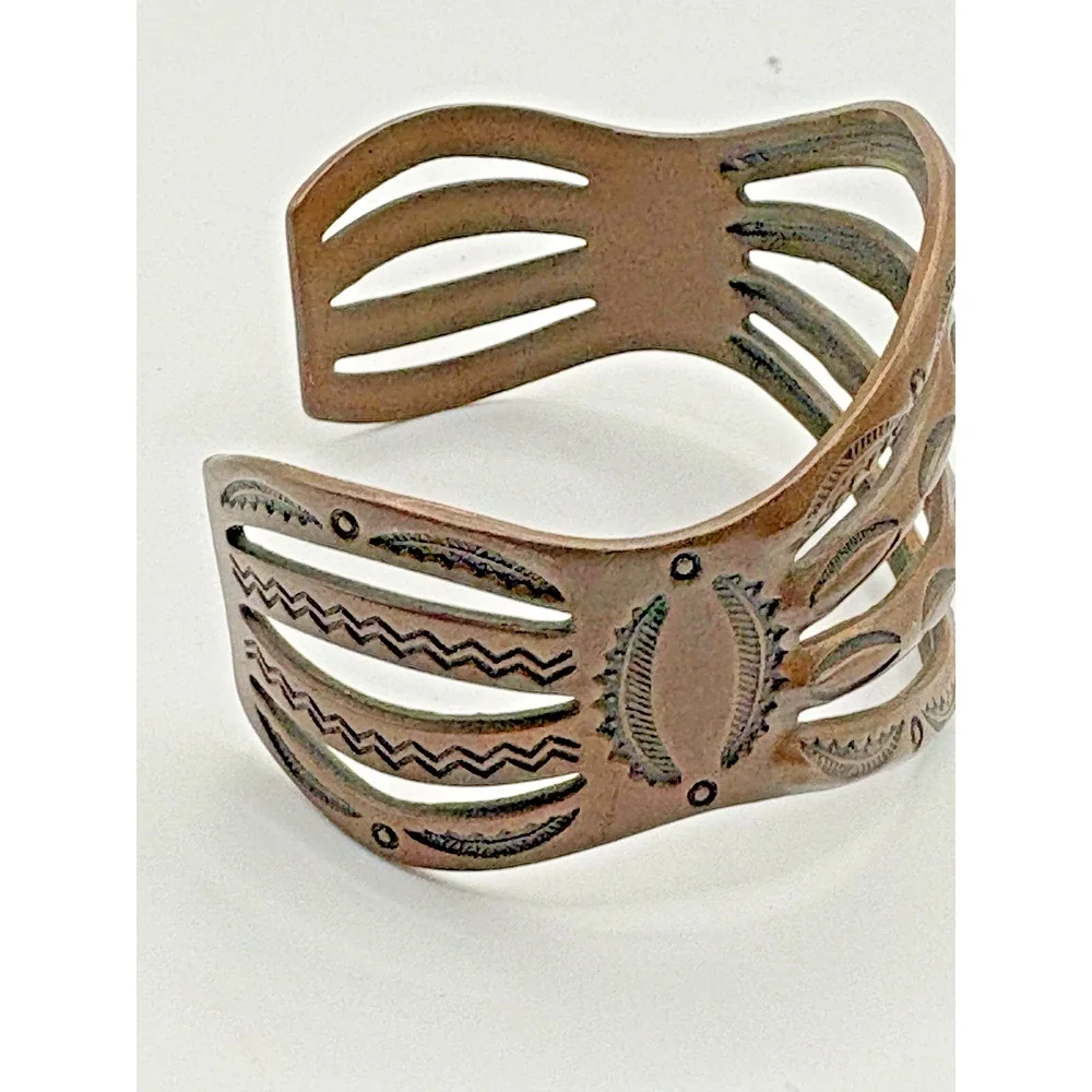 Vintage Copper Southwest Stamped Design Cuff Bracelet Adjustable